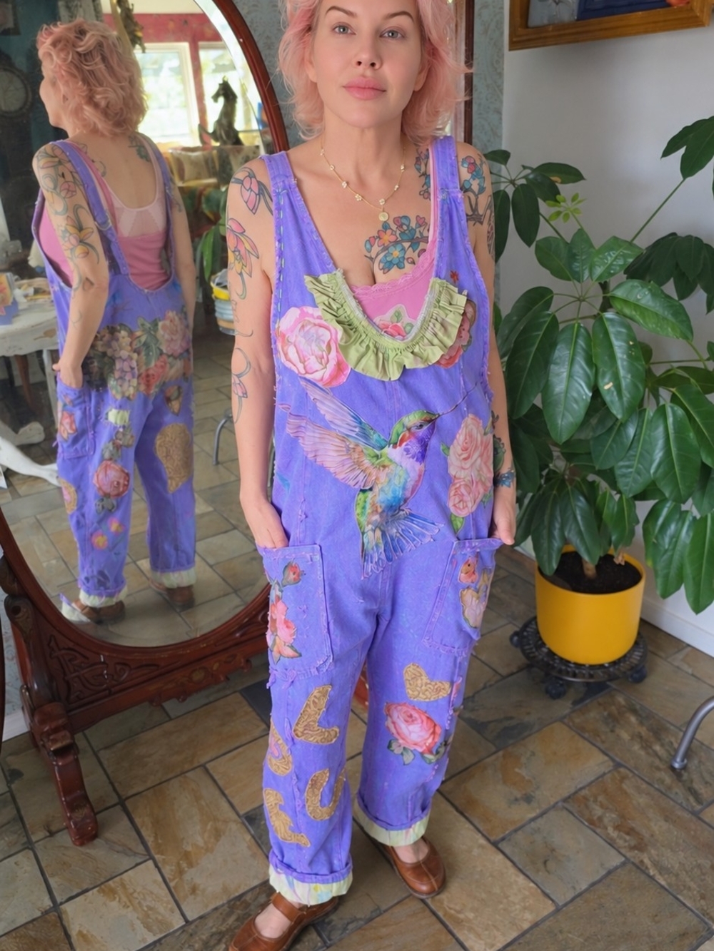 Free People + Me, Purple Floral & Hummingbird Overalls Jumpsuit - Picture 5 of 14